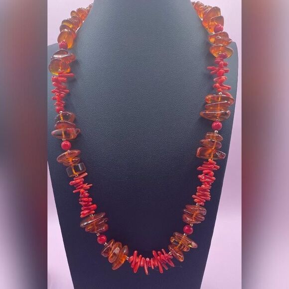 Amber Tone & Red Coral Style Branch Beaded Statement Necklace Chunky Strand - Picture 1 of 4
